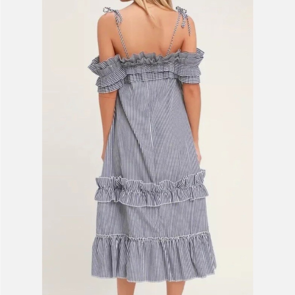 Lulus Striped Bow Tie Straps Off the Shoulder Dress M